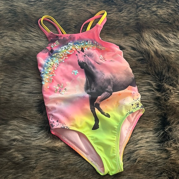 Girls 4/5 wonder nation 1 piece swim suit unicorn rainbow with sequins - Picture 1 of 3